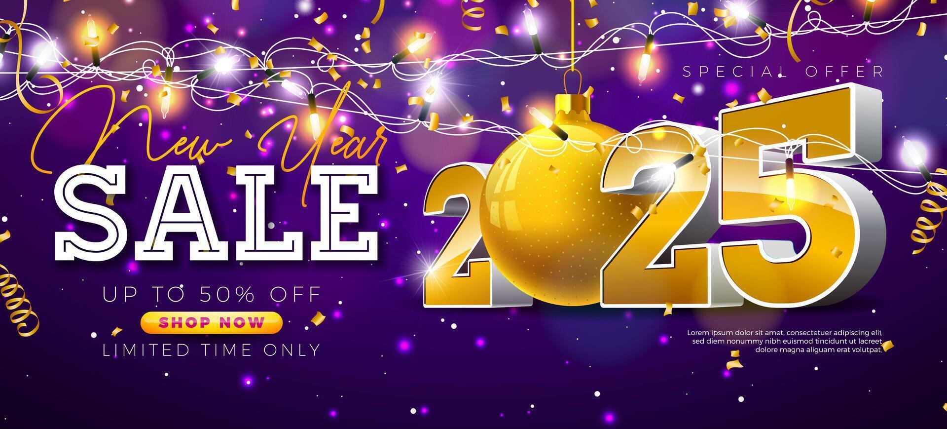 Happy New Year Sale 2025 Design with 3d Gold Typography Lettering and Light Garland on Violet Background. Holiday Special Offer Campaign Discount Illustration for Coupon, Voucher, Banner, Flyer vector