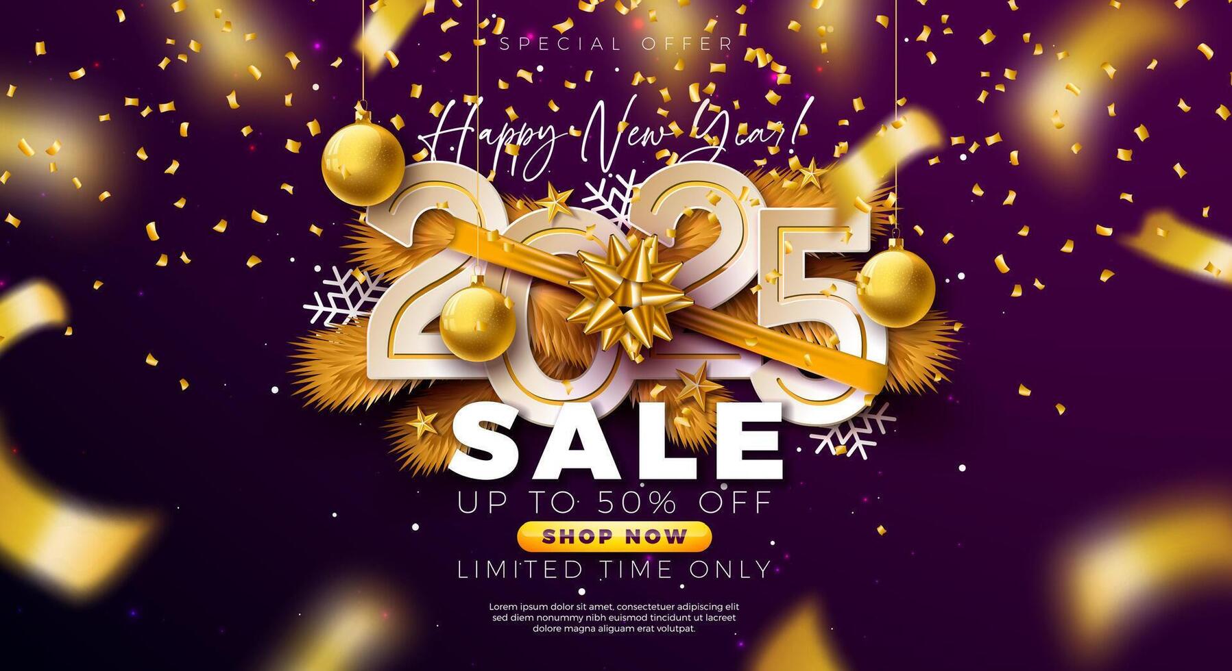 Happy New Year Sale 2025 Design with Number, Christmas Ball, Pine Branch and Falling Confetti on Violet Background. Holiday Special Offer Campaign Discount Illustration for Coupon, Voucher, Banner vector