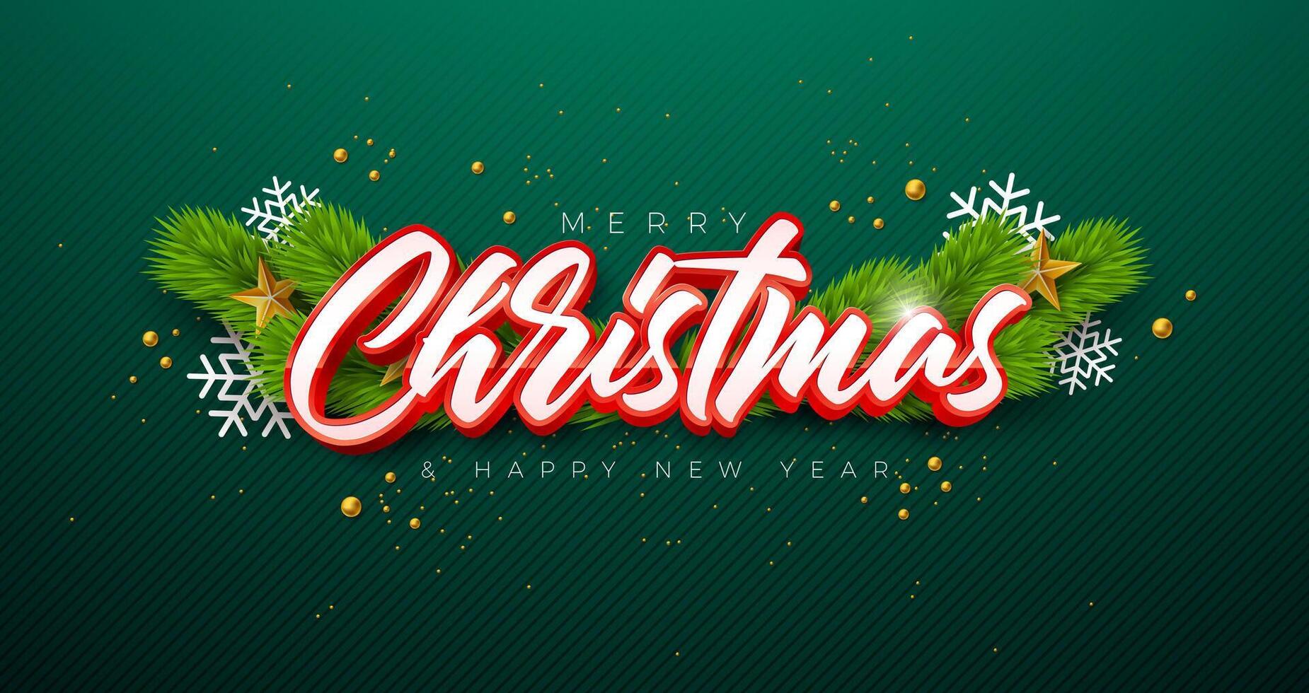 Merry Christmas and Happy New Year Banner with Fir Branch and 3d Typography Lettering on Green Background. Holiday Season Banner Design for Greeting Card, Party Flyer, Celebration Poster and vector