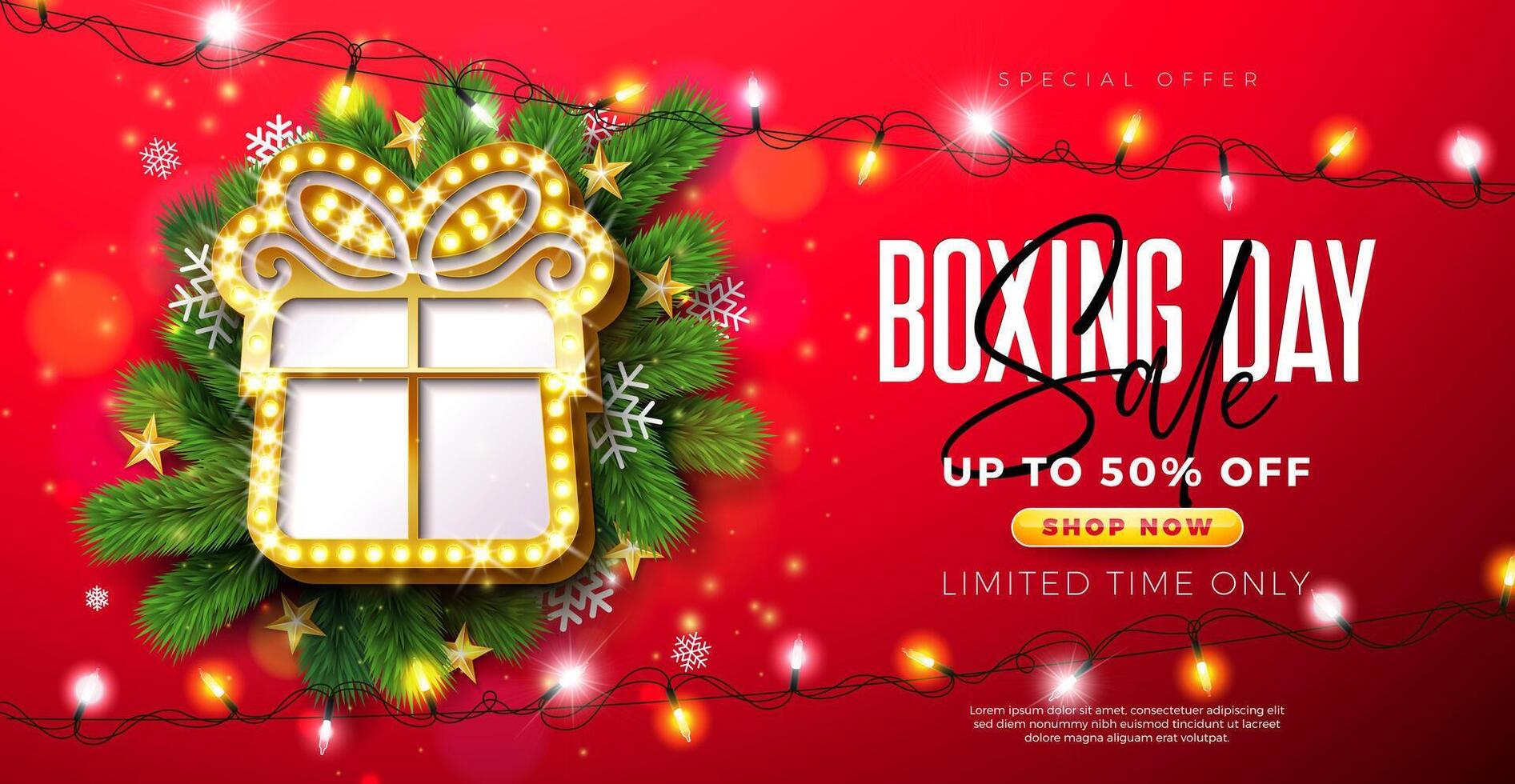 Boxing Day Sale Design with Light Bulb Billboard Gift Box and Fir Branch on Red Background. Christmas Holiday Business Illustration with Special Offer Elements for Coupon, Voucher, Banner vector