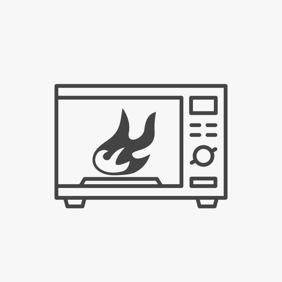 Broken microwave oven with fire. Outline illustration vector