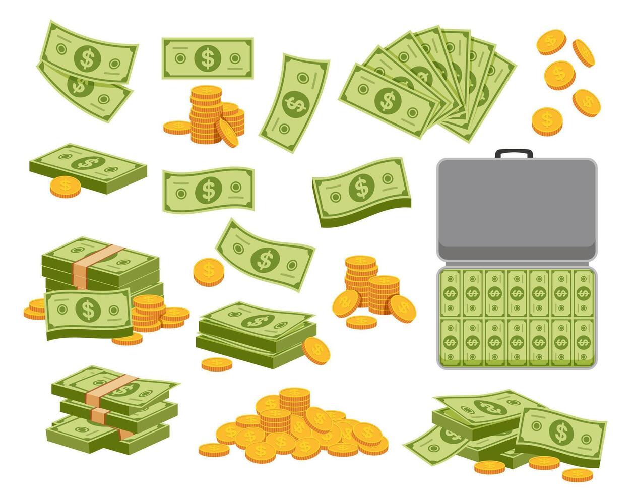 Set of Isometric banknotes and coins. US currency dollars and golden coin vector