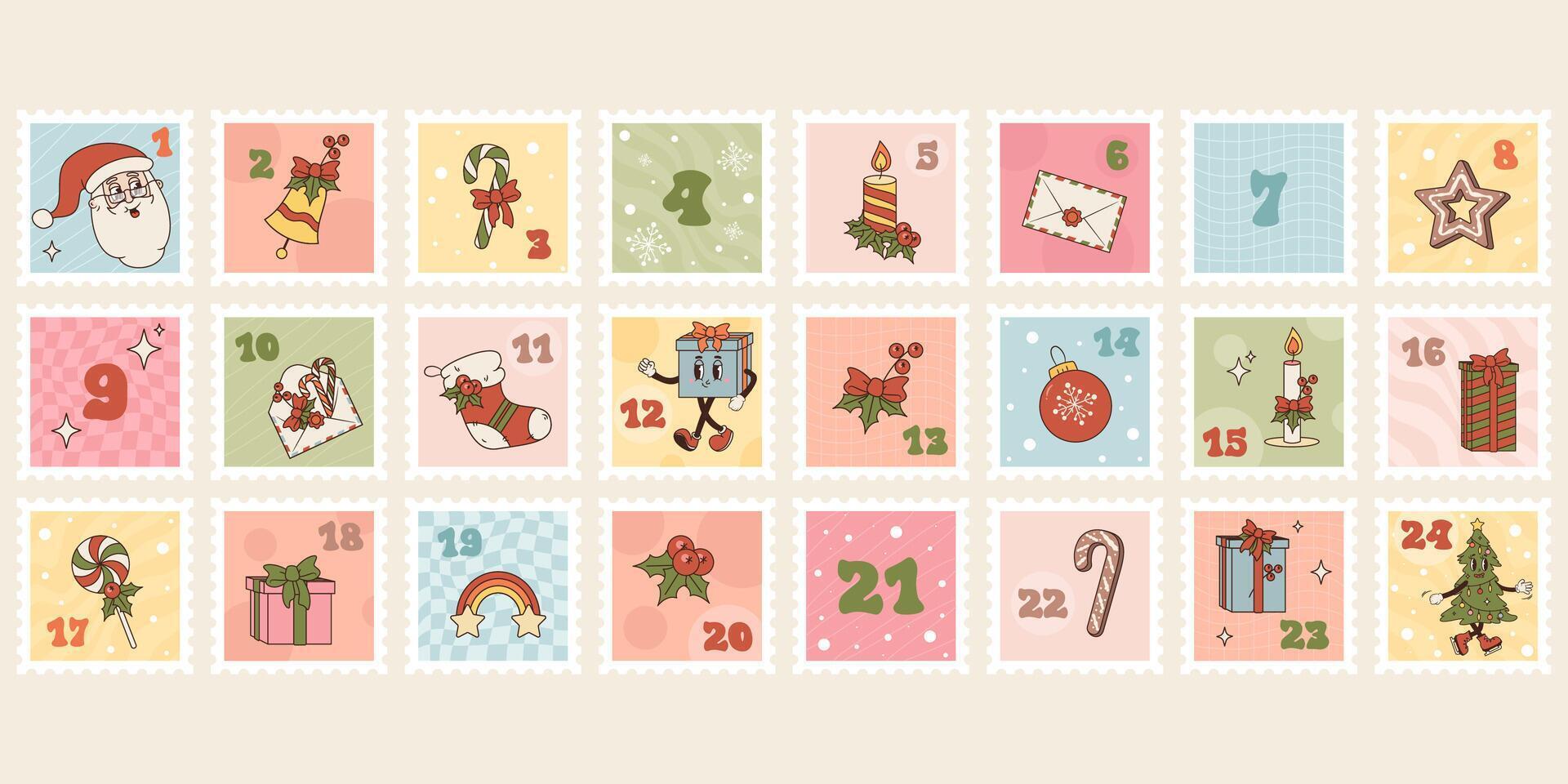 Vintage Christmas advent calendar. Groovy characters and xmas symbols with numbers vector