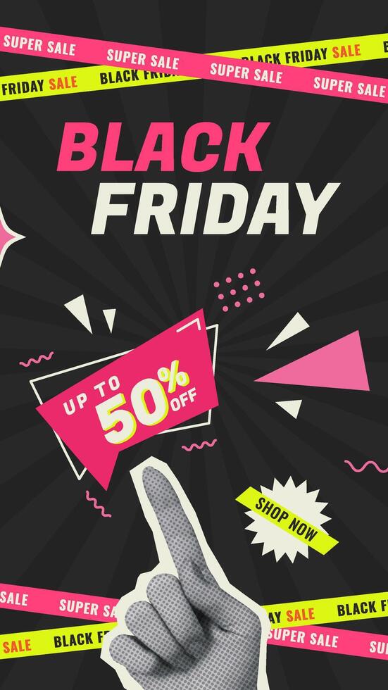 Black Friday Sale vertical design in trendy collage style with halftone hand. Bright illustration with geometric elements for social media vector