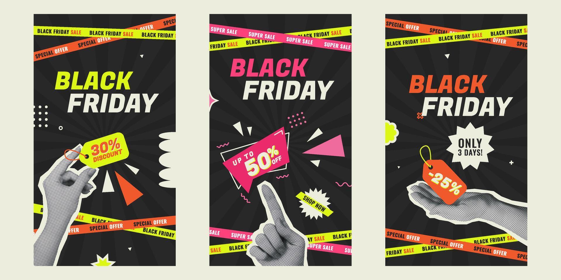 Black Friday Sale flyers set in trendy collage style with halftone hands holding coupons and geometric elements. Bright illustrations for social media vector