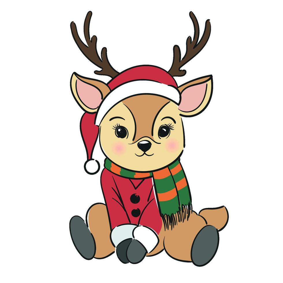 Reindeer child sitting in Christmas red hat with green scarf. illustration. Cute baby flat illustration with outline. For new year cards, design, web. vector