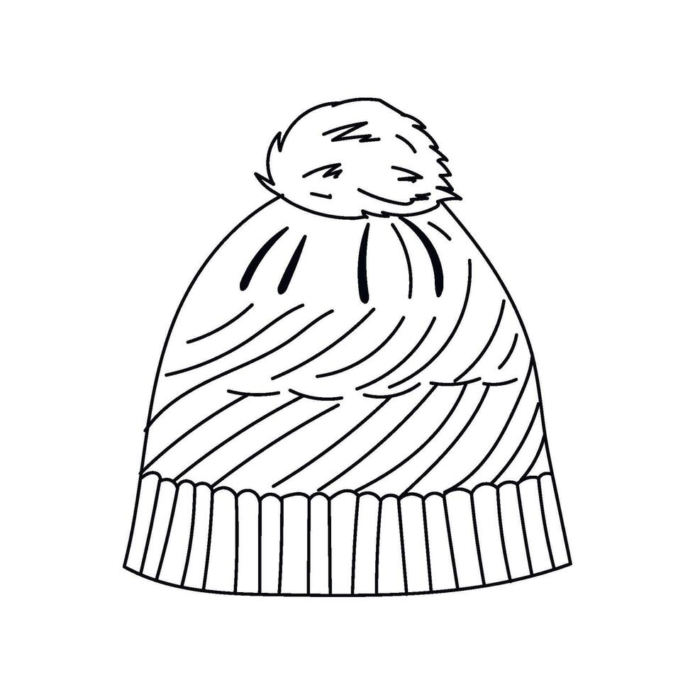 A drawing of a warm winter hat with pom-poms. Doodle style. Hand drawn illustration on white background in black outline. Cozy clothes. vector