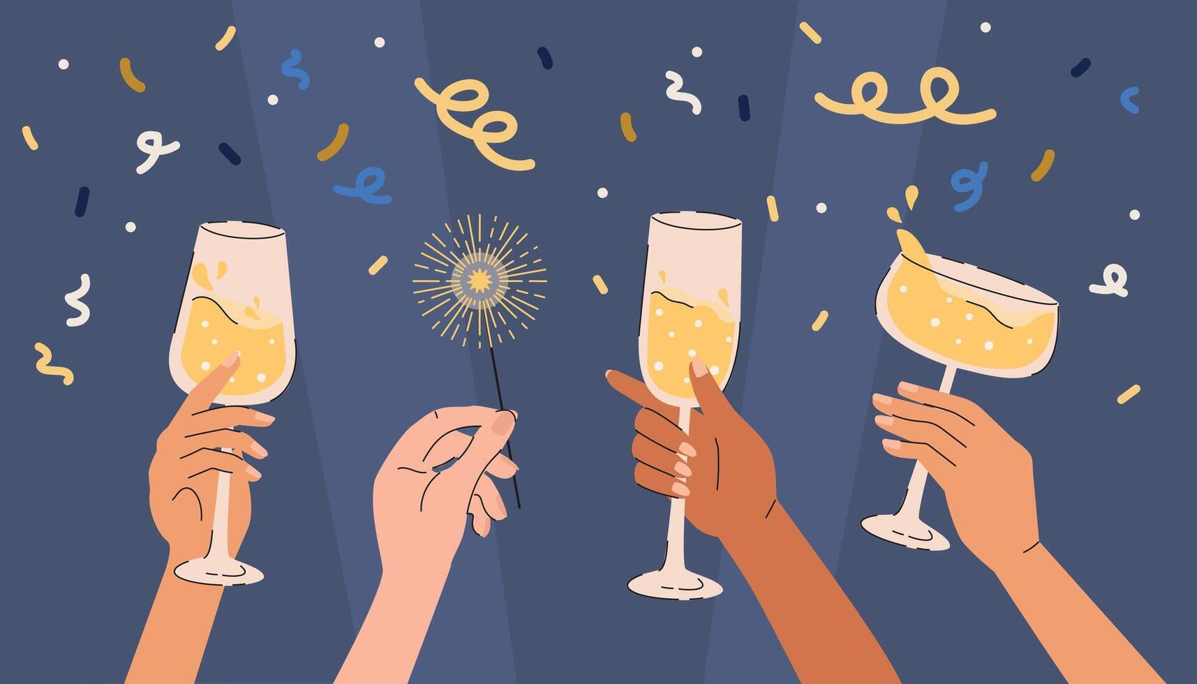 Human hands with champagne glasses and sparklers on confetti background. vector