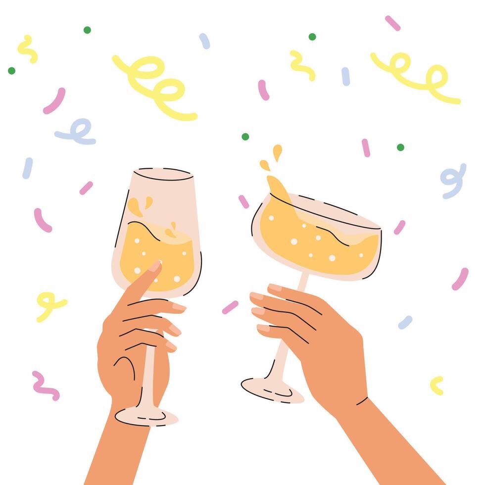 Two hands clinking glasses with champagne and confetti. illustration. vector