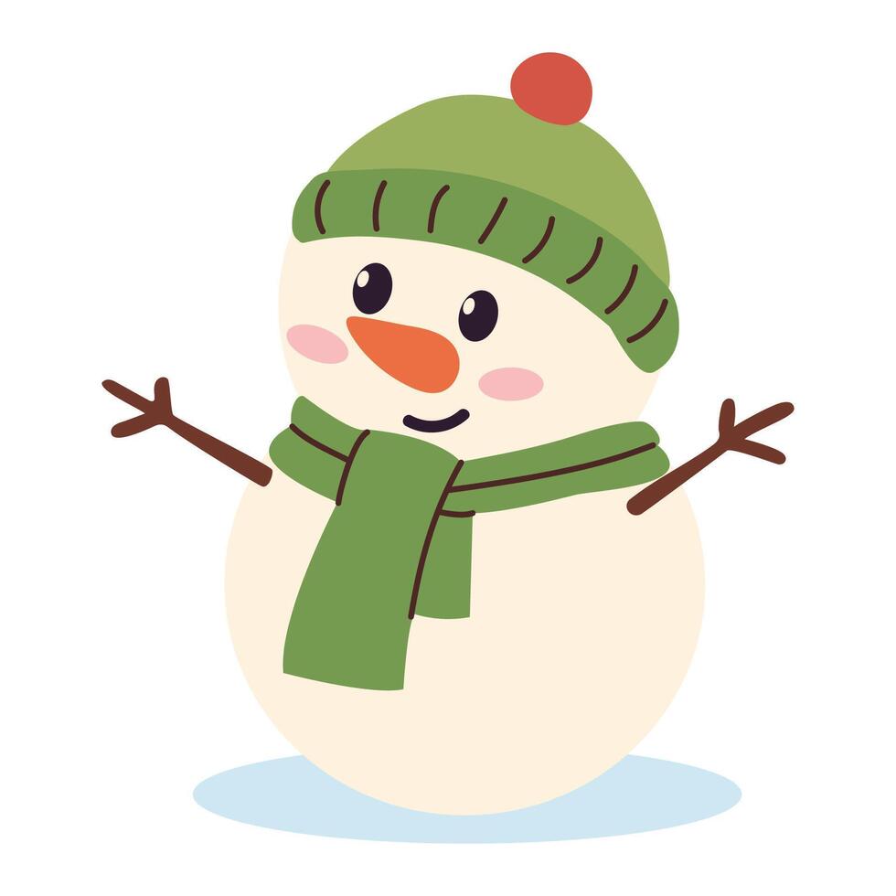 Cute little snowman in green warm hat with scarf and carrot nose. illustration vector