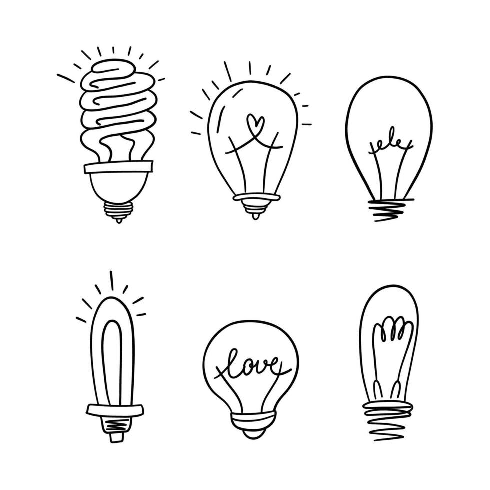 Set of light bulbs. Hand drawn doodle illustration. vector