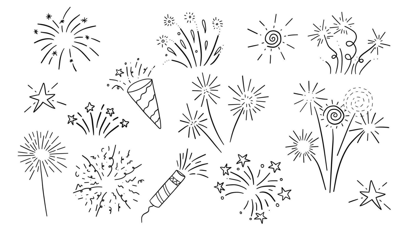 Set of hand drawn fireworks in doodle style. illustration. vector