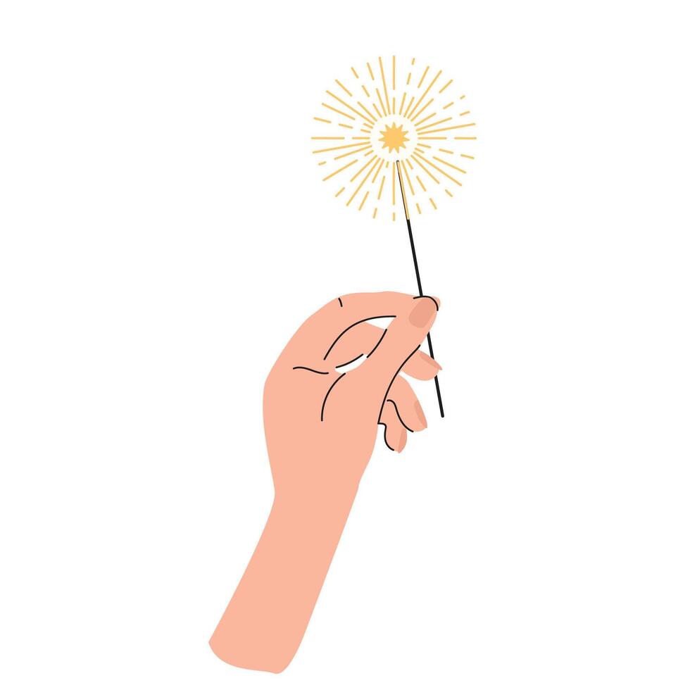 Sparklers in human hand on white background. Hand holding burning sparklers. Holiday concept. illustration in flat style. Isolated on white background. vector
