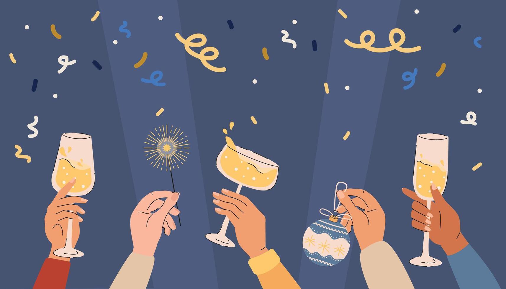 illustration of hands clinking glasses with champagne. Happy New Year and Merry Christmas concept. vector