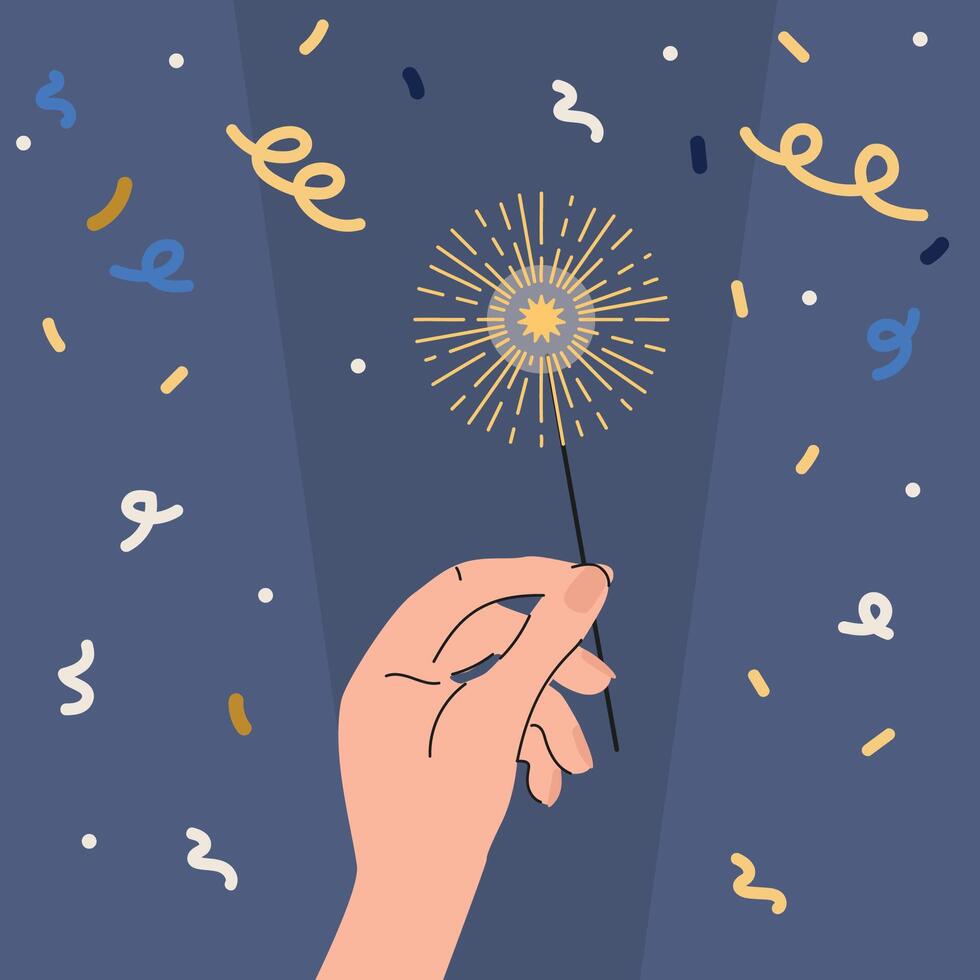 Sparklers in human hand . Hands holding burning sparklers. Holiday concept. vector