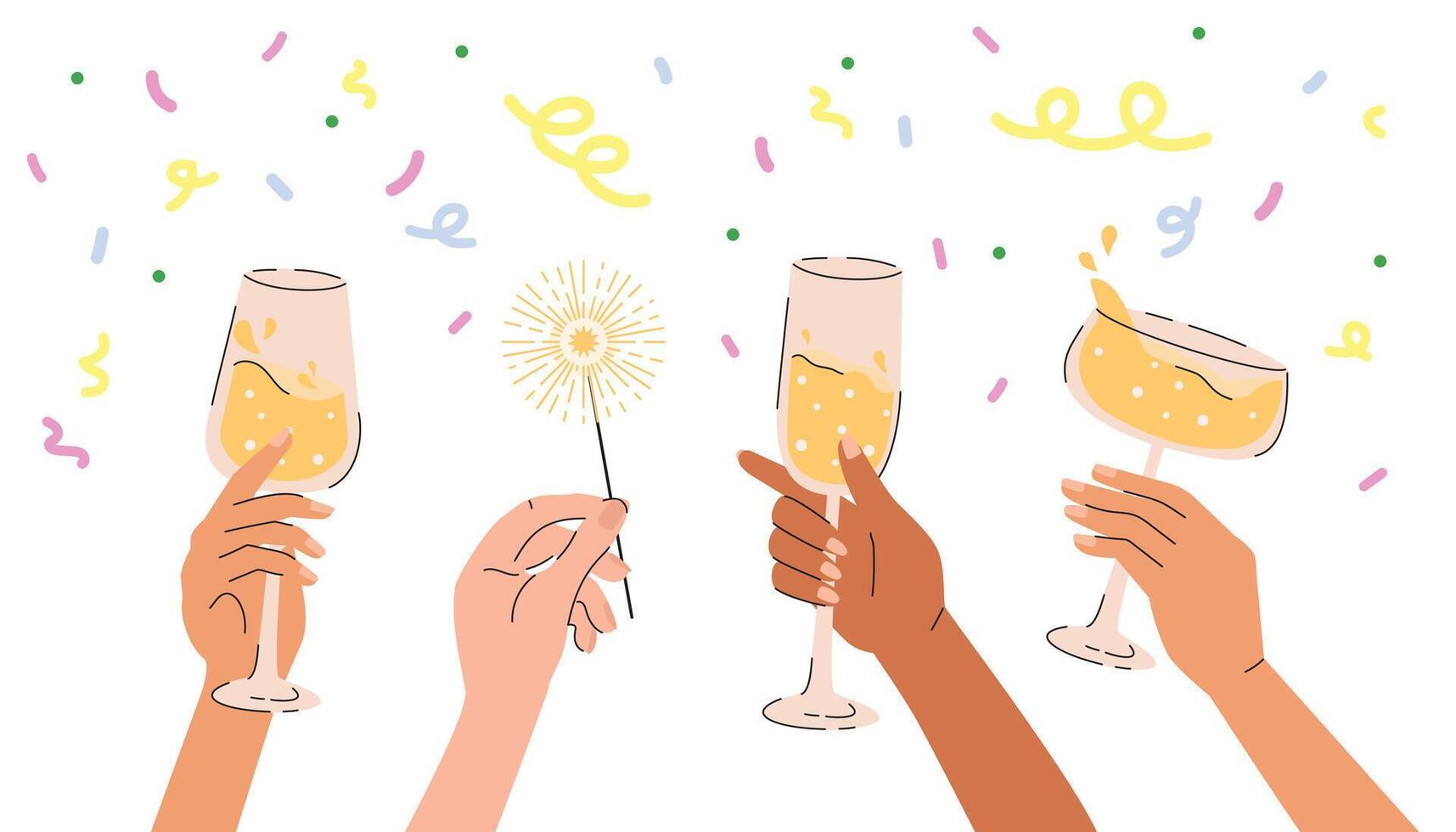 Human hands with champagne glasses and sparklers on confetti background. Celebration of New Year, birthday, anniversary or business success. Group of people celebrating event. Cartoon colorful banner vector