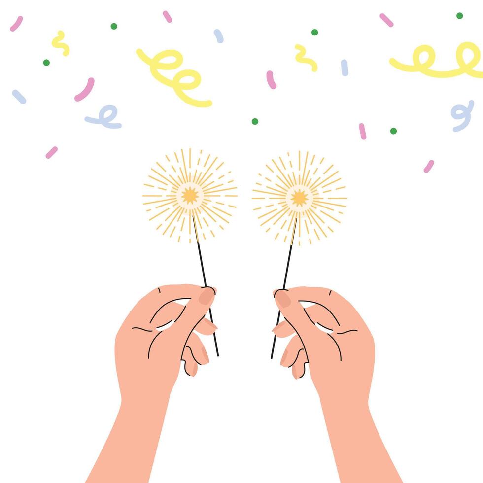 Sparklers in human hand . Hands holding burning sparklers. Holiday concept. vector