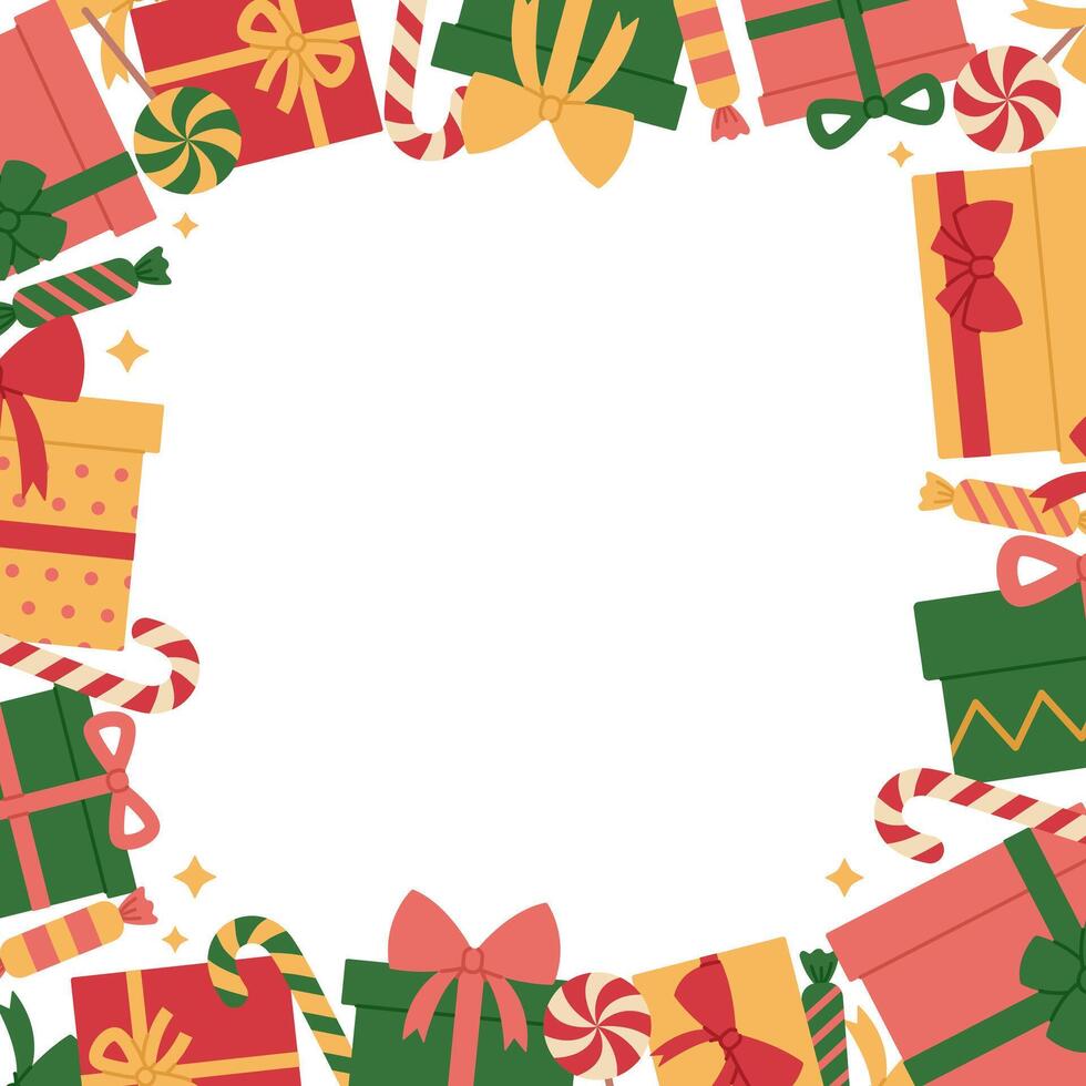 Square frame made from colorful gift boxes with bows and sweets. Holiday presents. Christmas template for banner, greeting card. Flat illustration isolated on white background vector