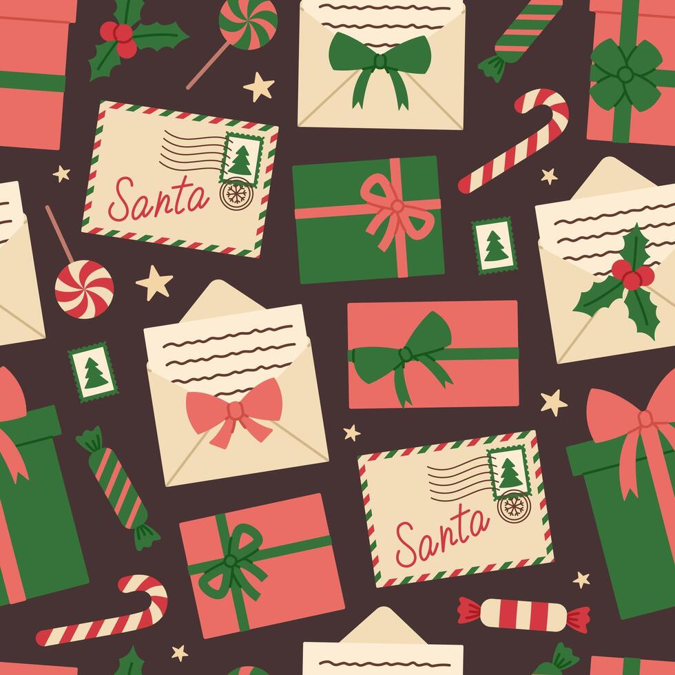 Santa Claus mail seamless pattern on brown background. Christmas envelopes, letters, postage stamps, gift boxes and sweets. Holiday delivery. Flat illustration for wallpaper, textile, packaging vector