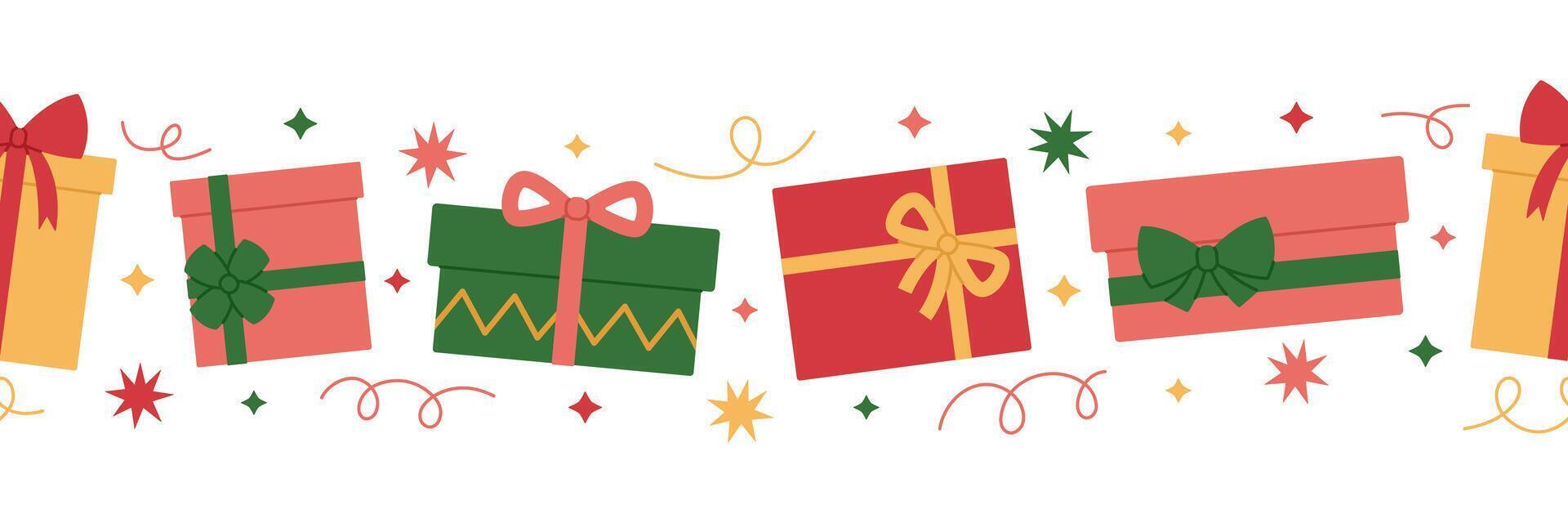 Horizontal border made from colorful gift boxes with bows. Holiday presents. Christmas or birthday repeating template for banner, packaging. Flat illustration isolated on white background vector