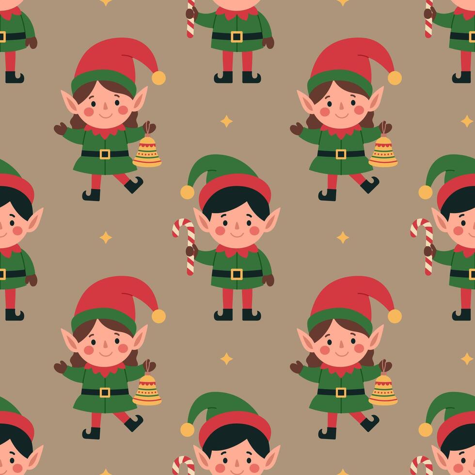 Seamless pattern with little cute elves on beige background. Santa helpers. Boy with candy cane and girl with bell. Christmas characters. Flat illustration for wallpaper, textile, packaging vector