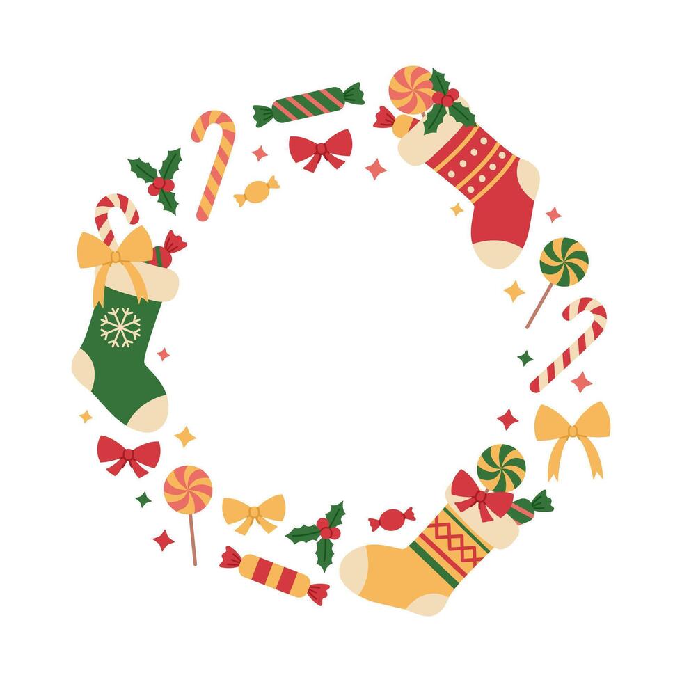 Circle frame made from colorful Christmas stockings and sweets. Xmas and New Year gifts. Holiday template for banner, greeting card. Flat illustration isolated on white background vector