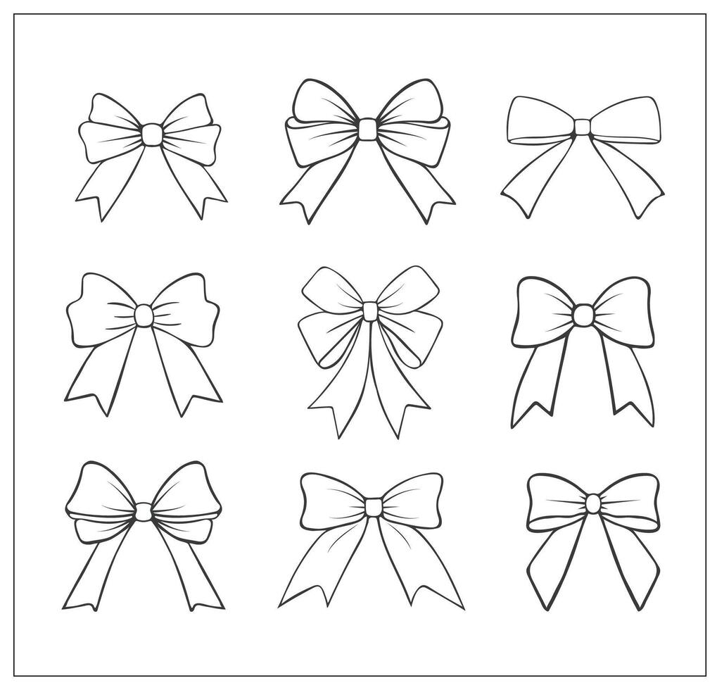 Set of outlined doodle bows. Simple hand drawn ribbon bow. Bowknot for gift wrapping, Christmas, decoration, design. vector
