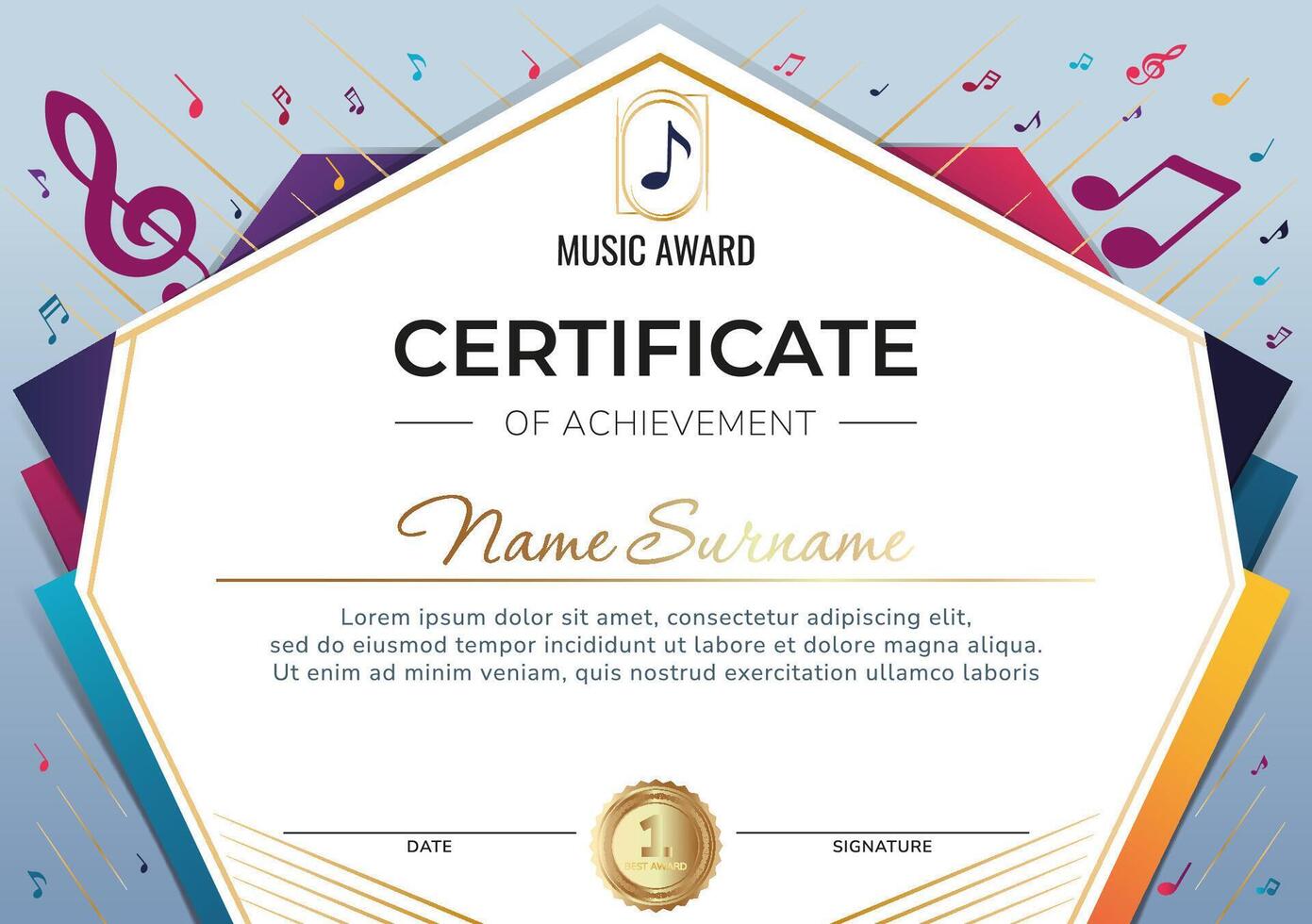 Music award template with notes and clef. Horizontal diploma template for musical achievements, appreciation, vocal competitions, karaoke tournaments. Certificate for kids and adult music students vector