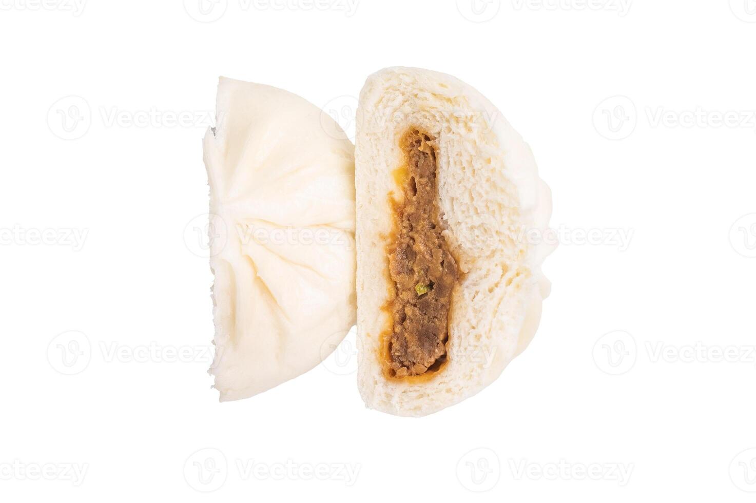 Chinese steam bun with pork meat isolated on white background. top view photo