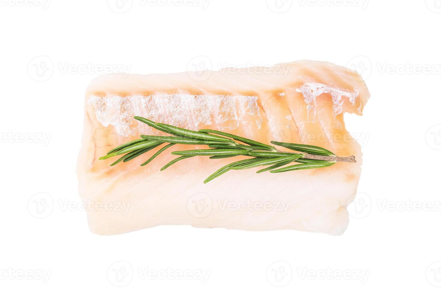 Raw cod fish fillet, ready for cooking Boneless white fish meat isolated on white background photo