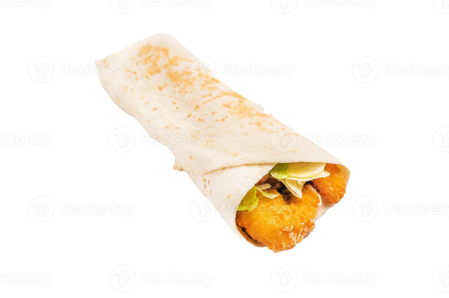 Seafood Shawarma wrap with shrimps, prawns and veggies isolated on white background photo