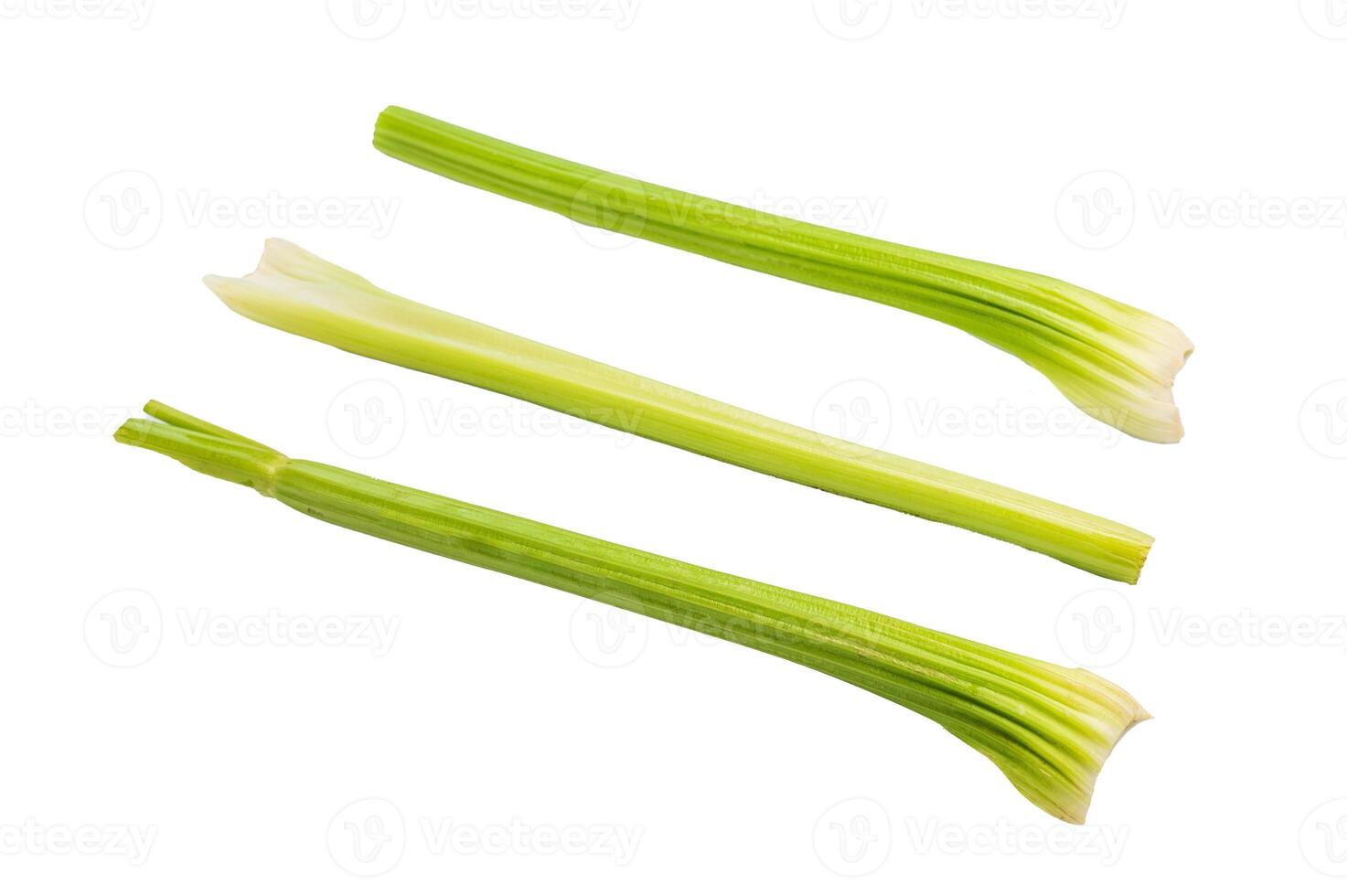 Fresh uncooked celery sticks isolated on white background, top view photo