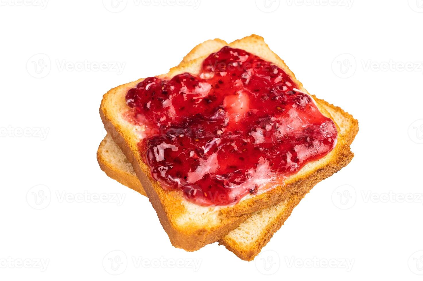 Toast with butter and raspberry jam isolated on white background. top view photo