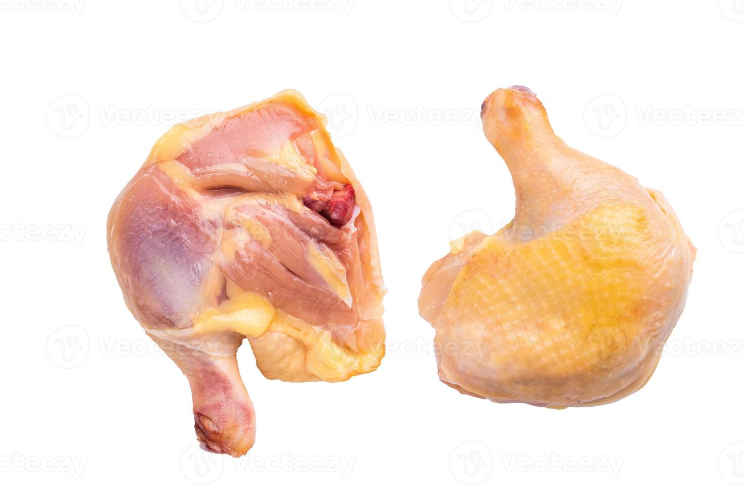 Two raw chicken thighs, sourced from an eco farm, sit on a white background, isolated on white background photo
