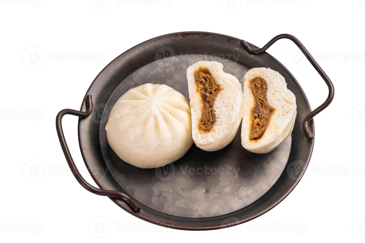 Chinese Bao Baozi steam bun with meat on steel tray isolated on white background. top view photo