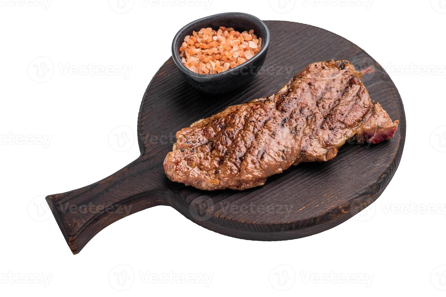 Grilled Striploin New York steak, prime roast beef meat isolated on white background photo