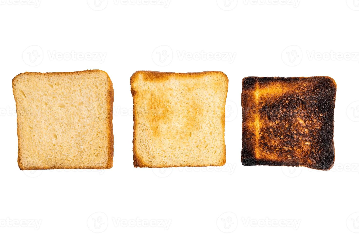 Set of slices of toasted bread, different colors, isolated on white background. top view photo