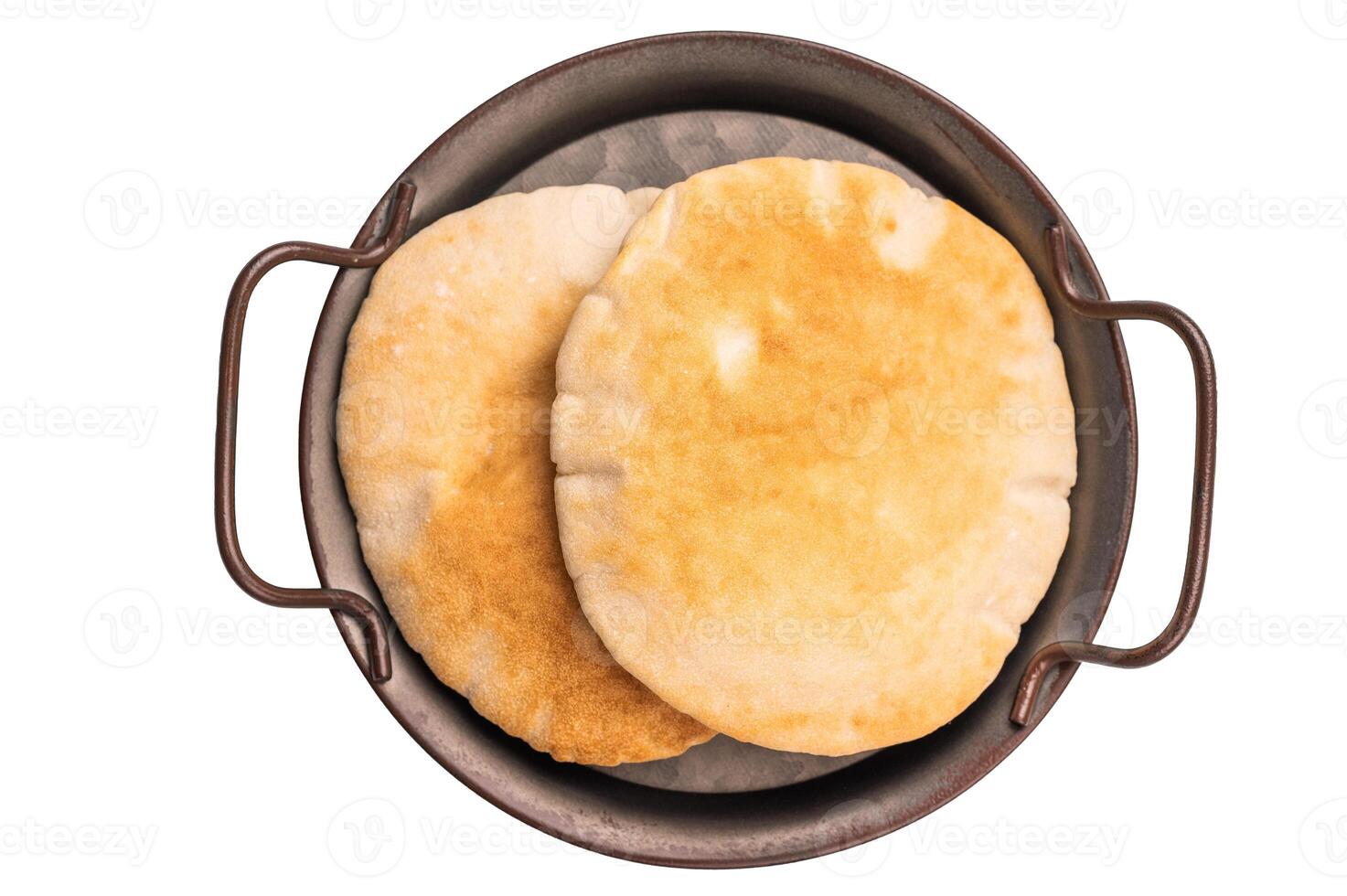 A stack of pita breads isolated on white background. top view photo