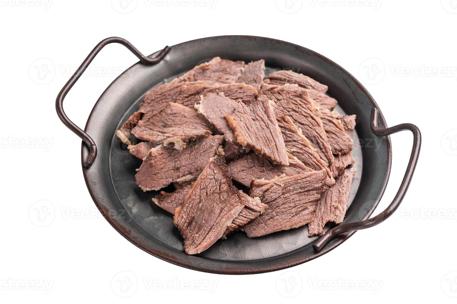 Boiled and sliced beef meat with spices and herbs isolated on white background photo