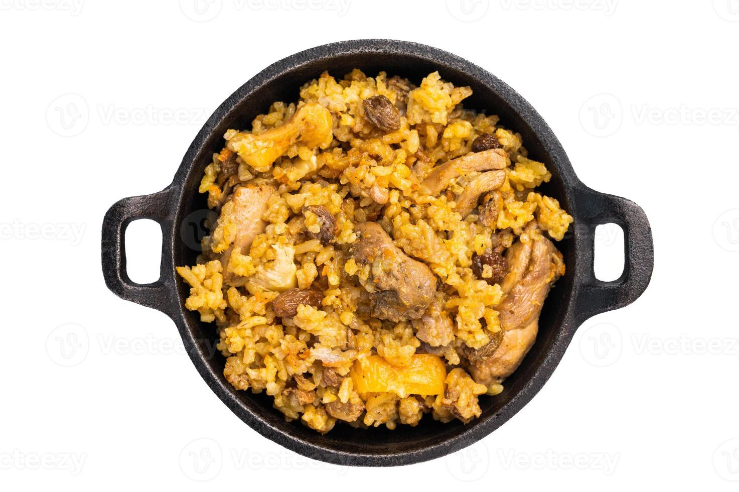 Pilaf with beef and lamb meat, vegetables in a skillet isolated on white background photo