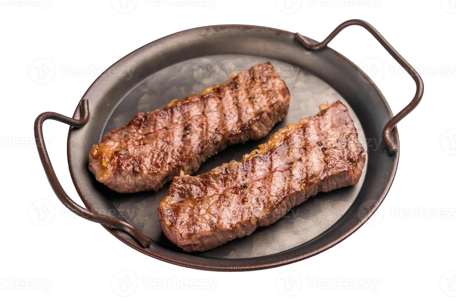 BBQ roast marbled beef Steak, beef meat on tray with herbs isolated on white background photo