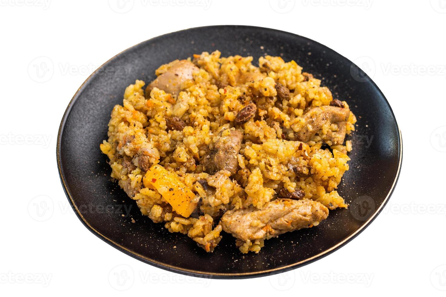 Serbian rice with beef meat, vegetables in a plate isolated on white background photo