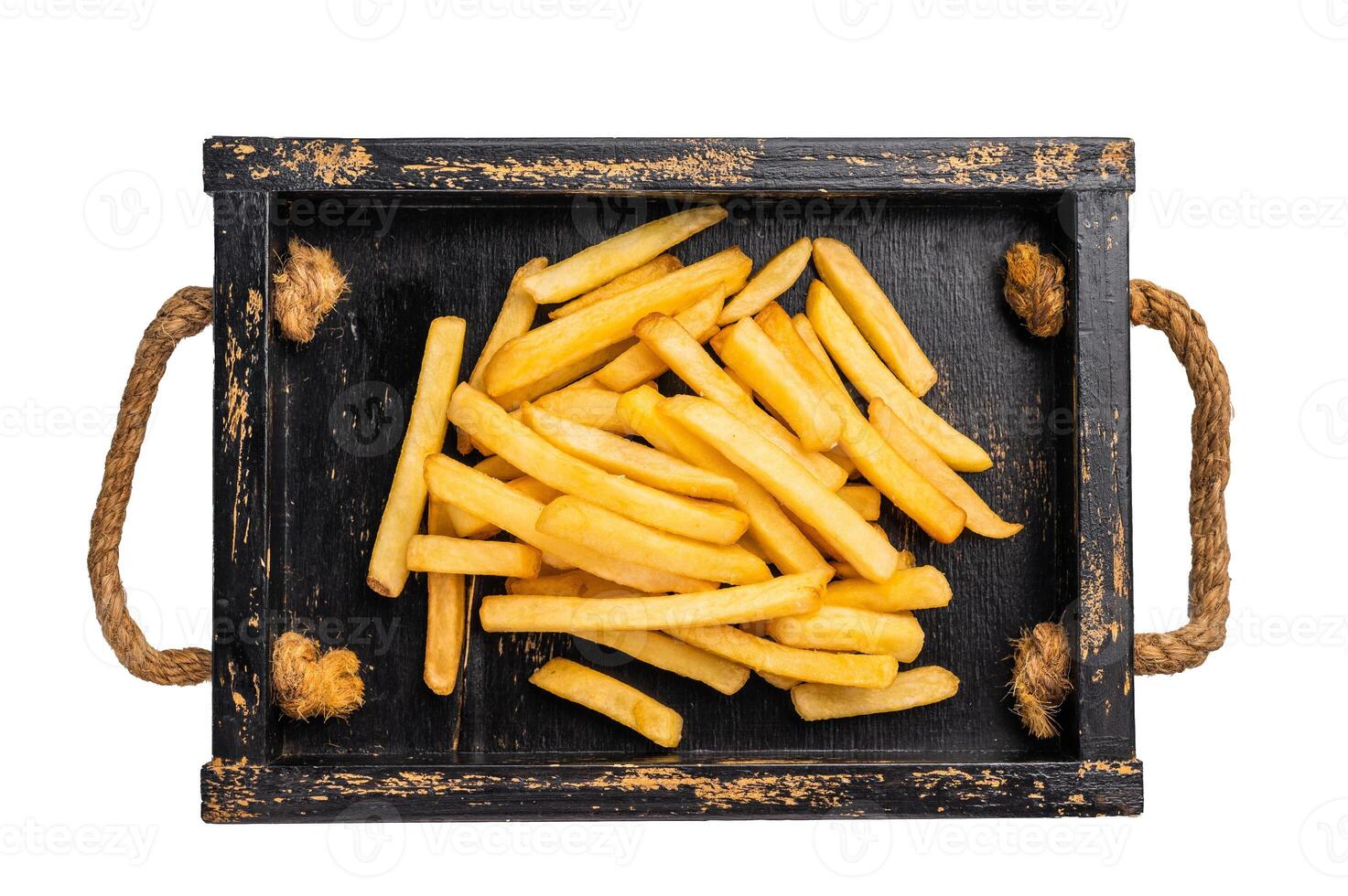 Homemade golden french fries in a tray isolated on white background photo