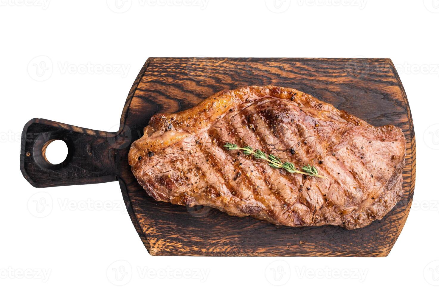 Grilled Striploin steak, New York strip beef meat steak isolated on white background photo