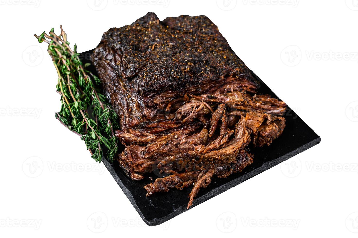 Texas Style BBQ Smoked Beef Brisket meat steak. Isolated on white background. Top view. photo