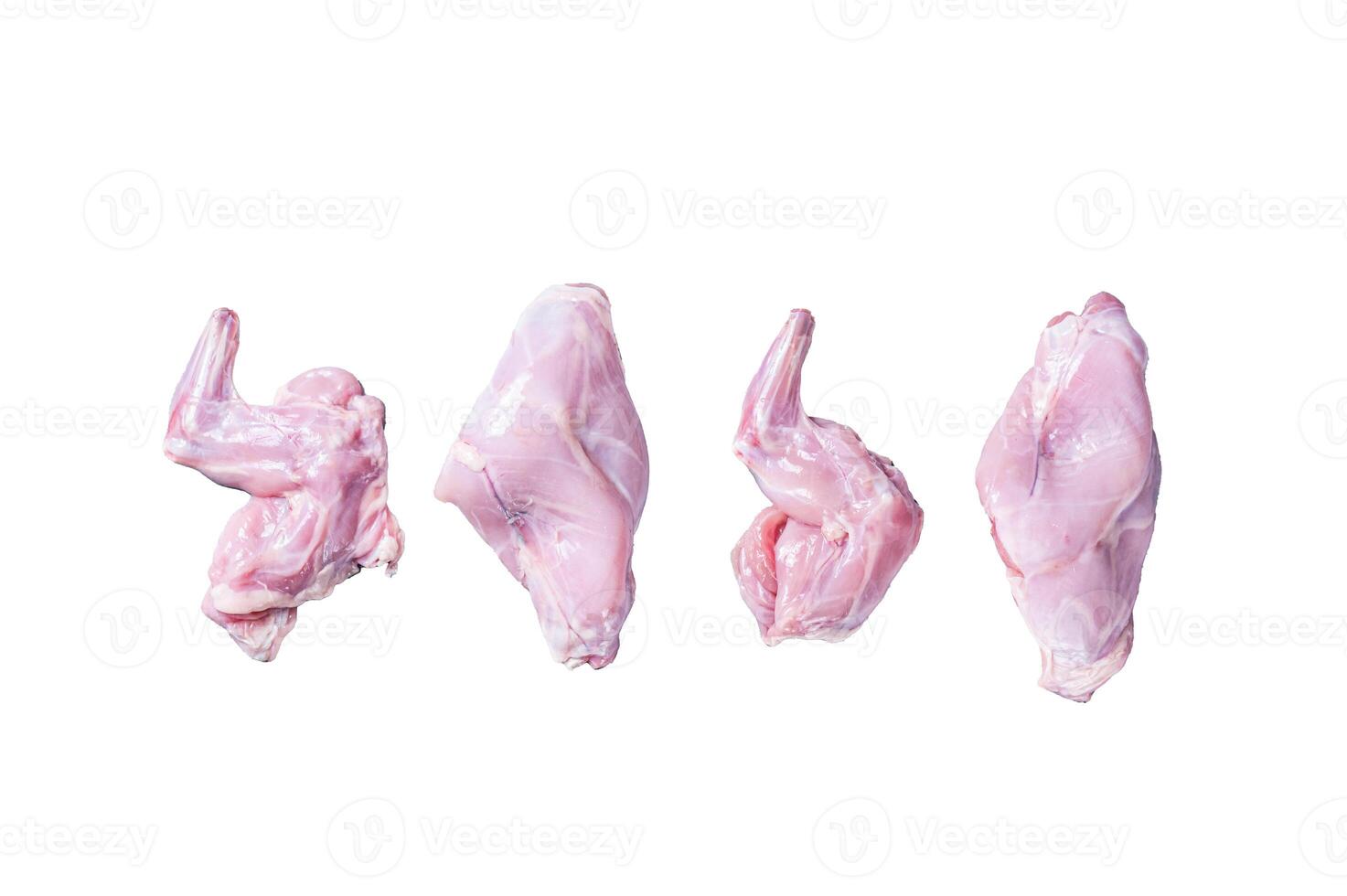 Raw rabbit legs slices Isolated on white background, top view. photo