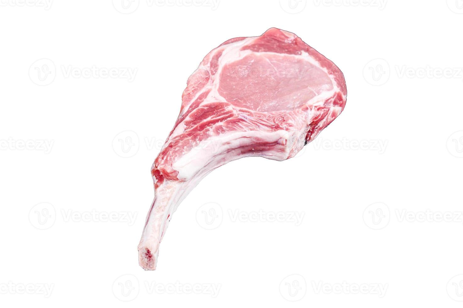Raw fresh tomahawk pork chop steak Isolated on white background, Top view. photo