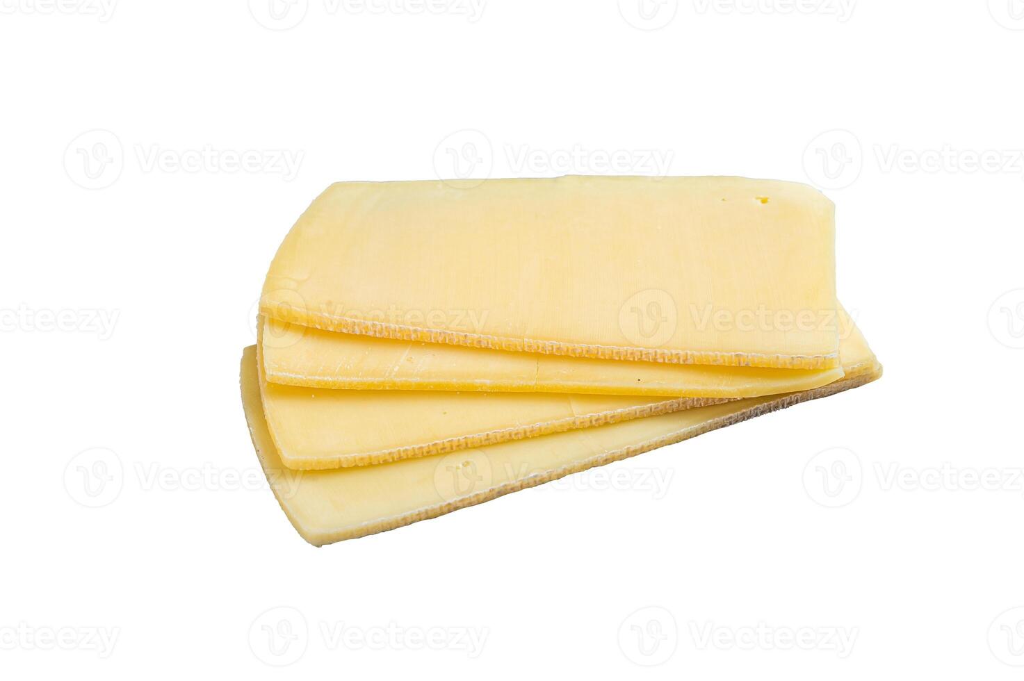 Uncooked Raclette Swiss cheese slices. Isolated on white background photo