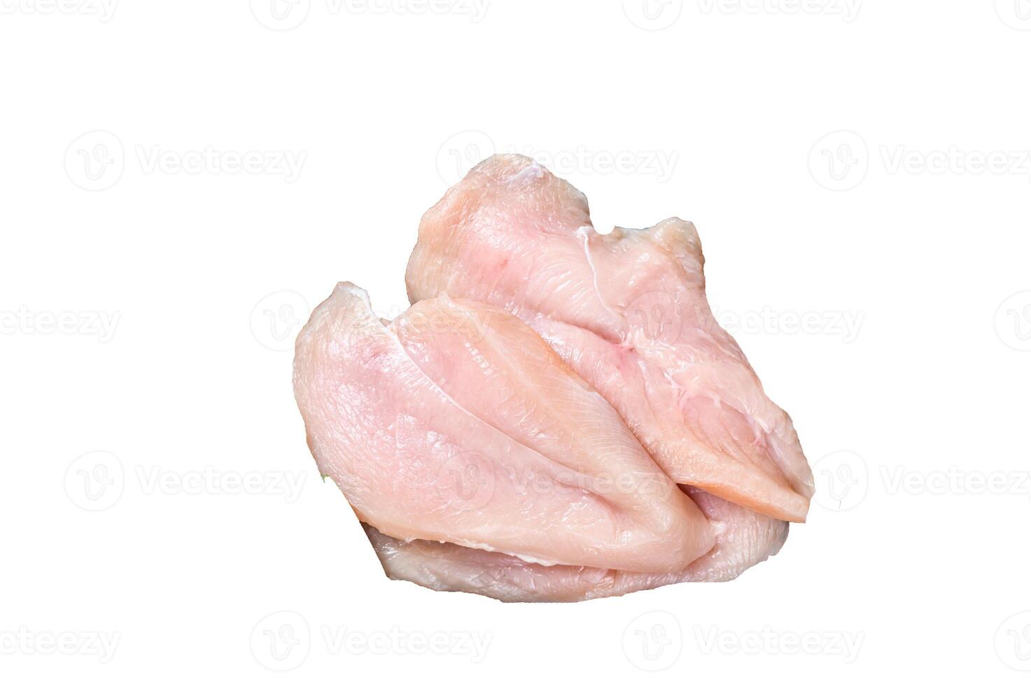 Raw sliced cut chicken breast fillet cutlets on a wooden cutting board with cleaver. High quality Isolate, white background. photo