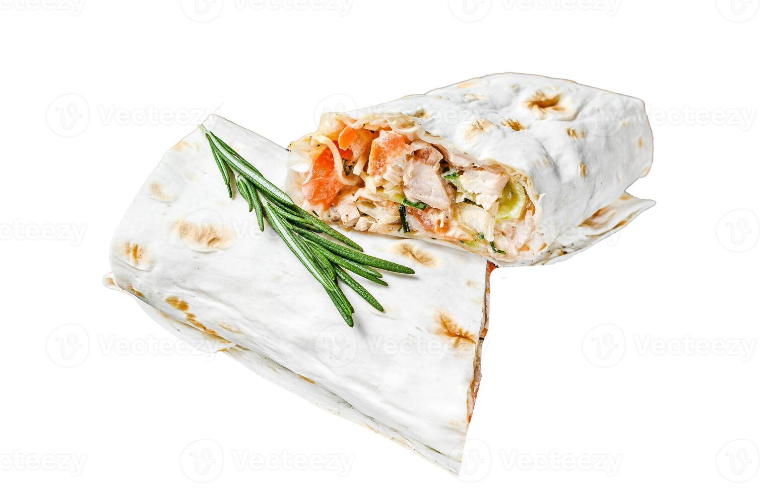 Shawarma roll sandwich in a lavash with chicken, beef, mushrooms, cheese. Dark Isolated on white background, Top view. photo